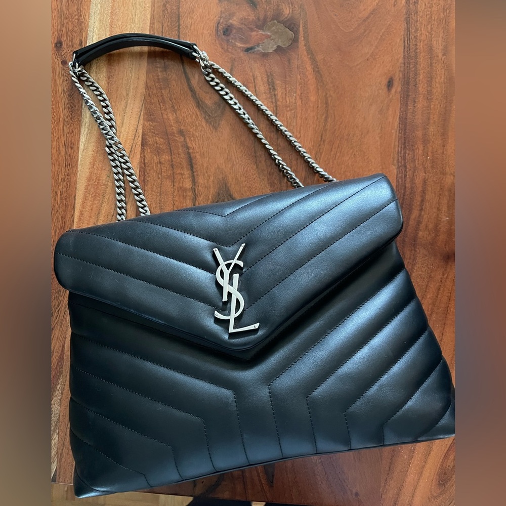 Saint Laurent Loulou Medium Black Chevron Silver Hardware Shoulder Bag